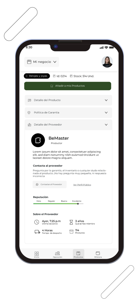 Tela do aplicativo Mastershop mostrando detalhes do fornecedor, reputação e estoque de produtos para vendedores de dropshipping