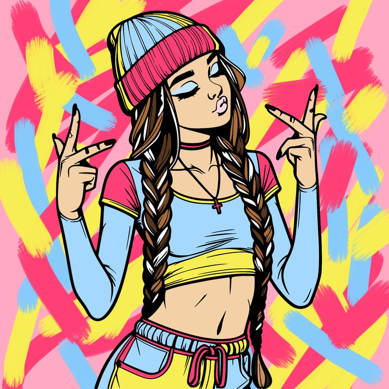 realistic teenage girl with braids and a beanie and crop top doing 🫶🏼