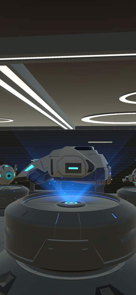 City Demolish: Rocket Smash! - A futuristic rocket hovering over a glowing platform in a high-tech hangar.