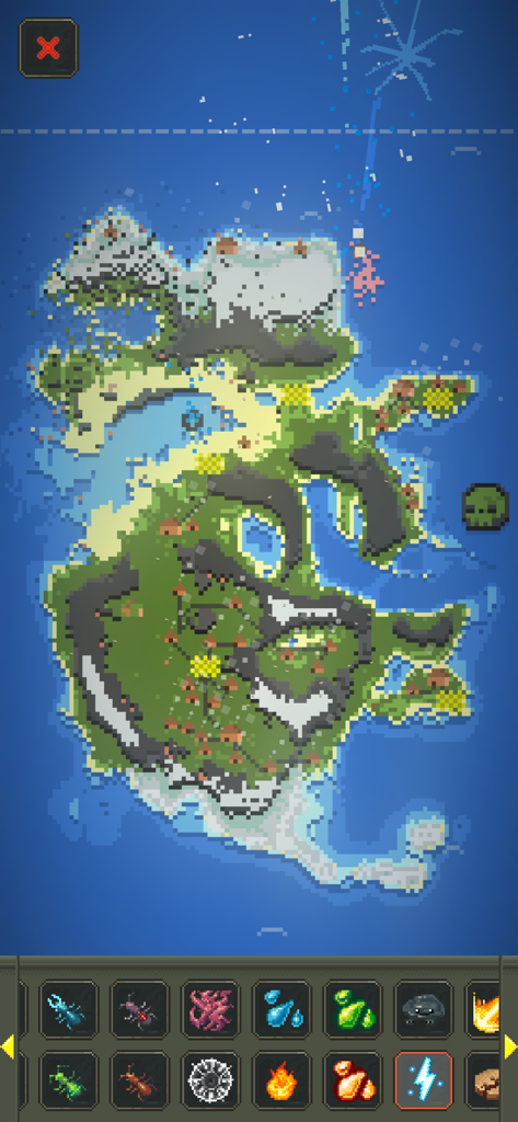 WorldBox - God Sandbox - 다양한 생물 군계와 신성한 힘 도구 모음을 보여주는 월드박스의 픽셀 아트 섬의 탑 다운 뷰