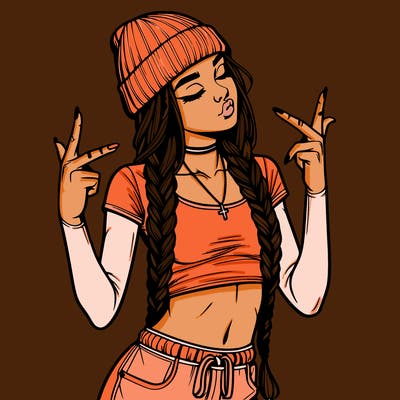 realistic teenage girl with braids and a beanie and crop top doing 🫶🏼