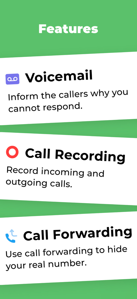 OnPhone - Second Phone Number - ボイスメール通話録音と通話転送サービスを含むOnPhoneアプリ機能のリスト