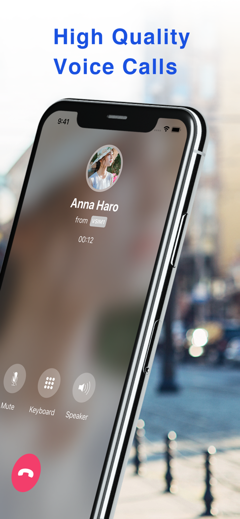 Pantalla de iPhone mostrando una llamada de voz activa de alta calidad en la aplicación VCall con el contacto Anna Haro usando una SIM virtual.