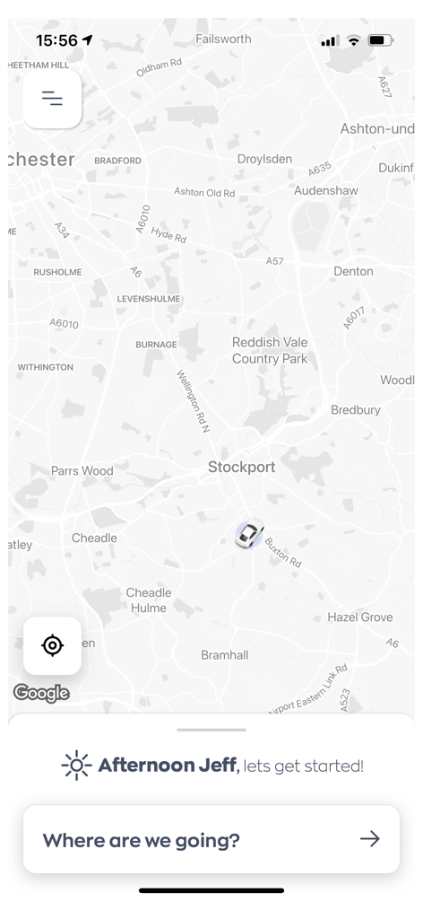 Cooperdoca - Tela de mapa do aplicativo móvel Cooperdoca mostrando a localização do veículo e a pesquisa de destino