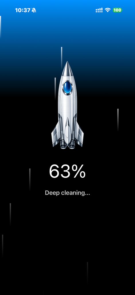 CPU-X - CPU-X app interface showing a rocket icon and deep cleaning progress at 63 percent
