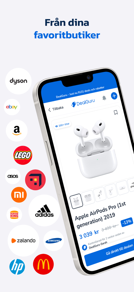 DealGuru - DealGuru mobile app interface showing a deal on AirPods Pro next to logos of popular retail brands