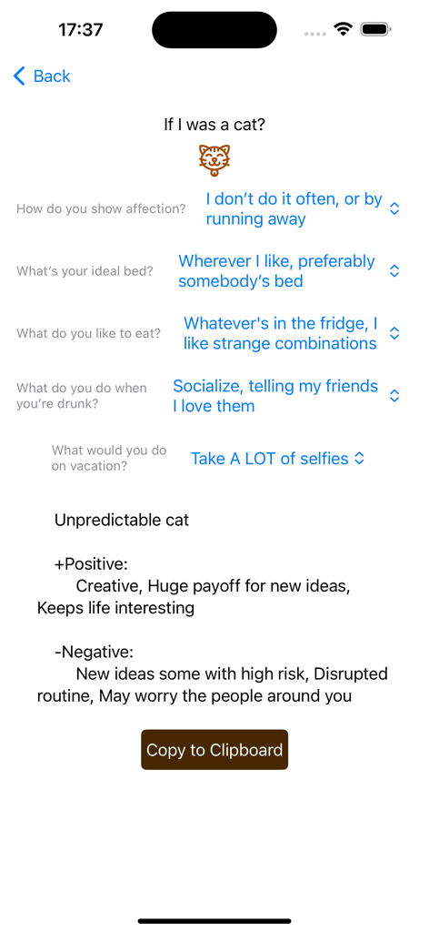 Fun quiz results screen from the Cat Health and Care Calculators app showing an Unpredictable cat personality profile