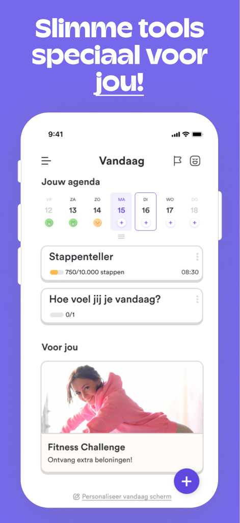 Superbrains - Superbrains app daily dashboard showing habit tracking tools, a step counter, and a fitness challenge.