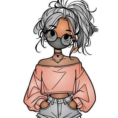girl with a messy ponytail glasses a baggy crop top and jean shorts
