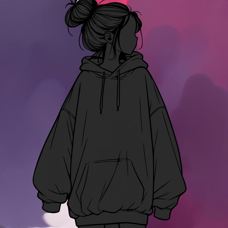 realistic girl with a oversized sweatshirt on and a bun