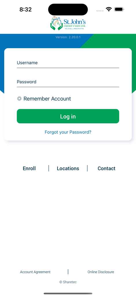 Pantalla de inicio de sesión de la aplicación de banca móvil Saint Johns Credit Union con campos de nombre de usuario y contraseña