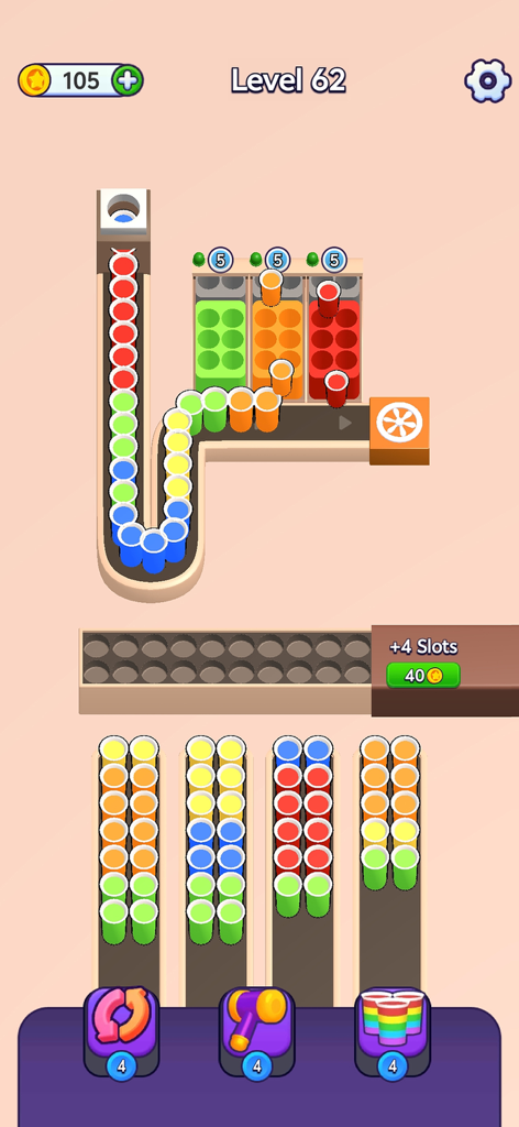 Coffee Factory - Sort Games - Colorful coffee cups on a conveyor belt being sorted into matching packing boxes in the Coffee Factory mobile game