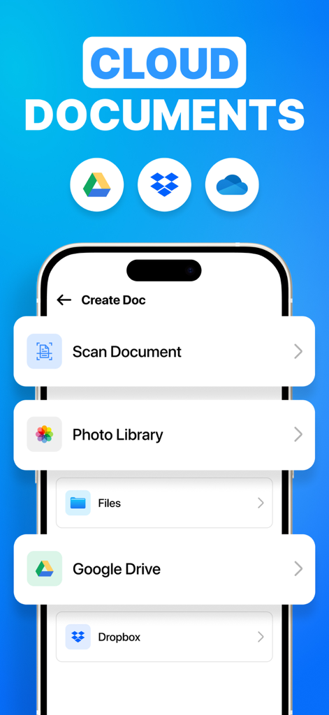 eSign - Fill & Sign Form Docs - Oberfläche der eSign-App, die Optionen zum Importieren von Dokumenten aus Google Drive, Dropbox und lokalen Dateien anzeigt