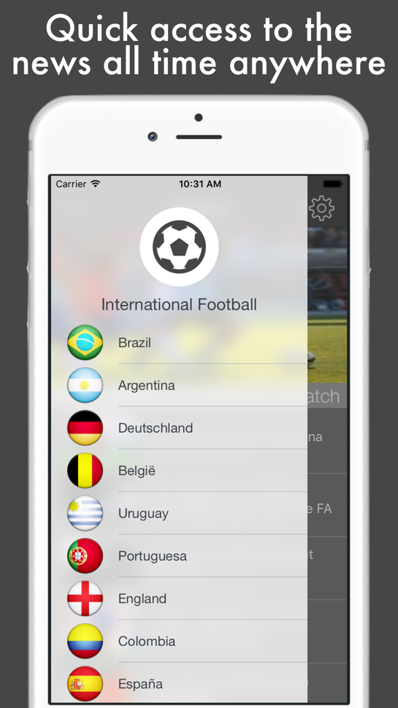 Captura de pantalla de la aplicación Football News International Edition que muestra una lista de selecciones nacionales como Brasil, Argentina y Alemania con sus banderas para un acceso rápido a las noticias.