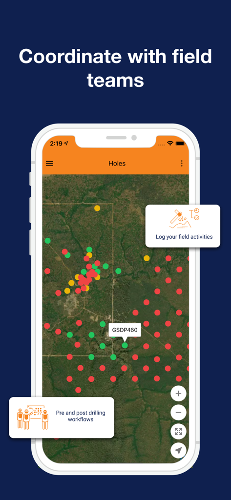 CorePlan - CorePlan mobile app displaying a satellite map with colored markers to coordinate field teams and log drilling activities