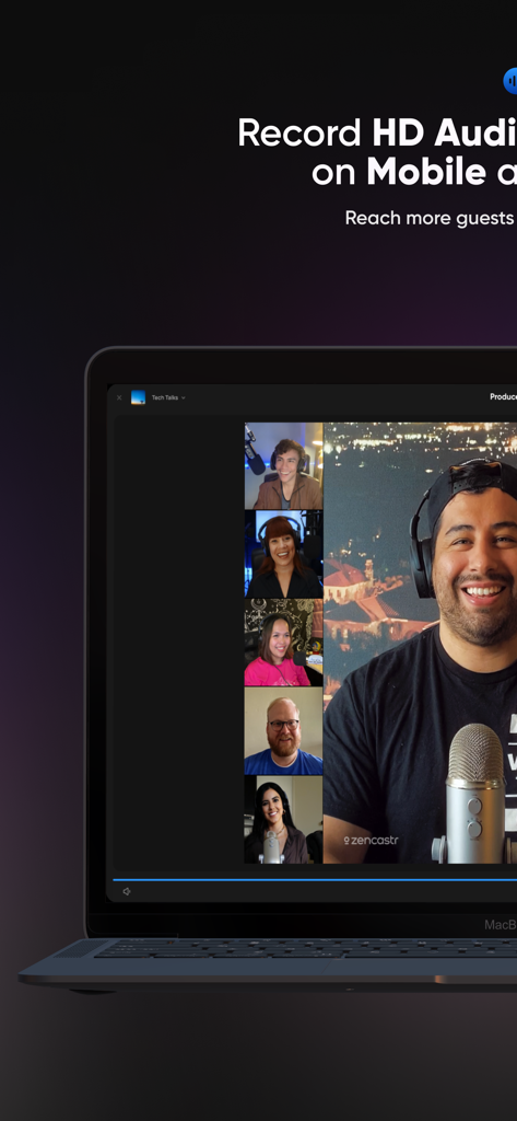 Zencastr - A laptop screen displaying a video podcast session with multiple participants in a grid view