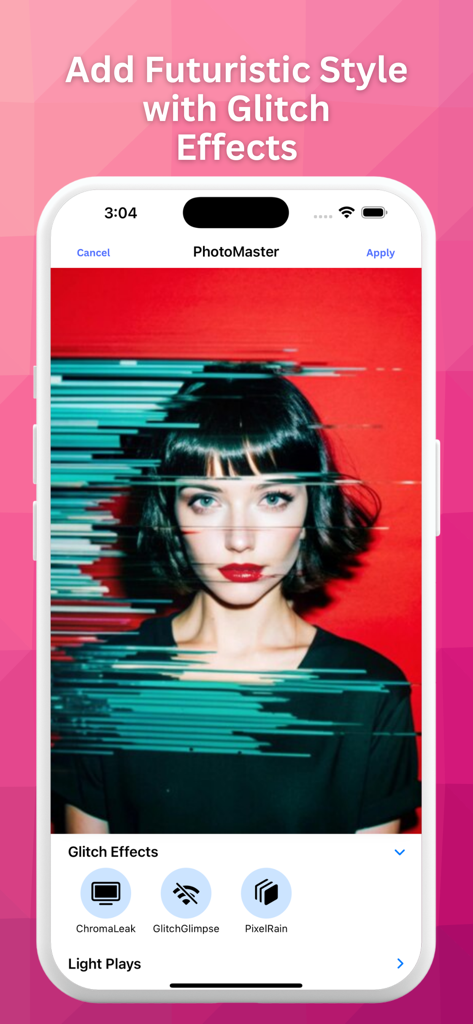 El retrato de una mujer con un efecto de falla futurista en la aplicación PhotoMaster.