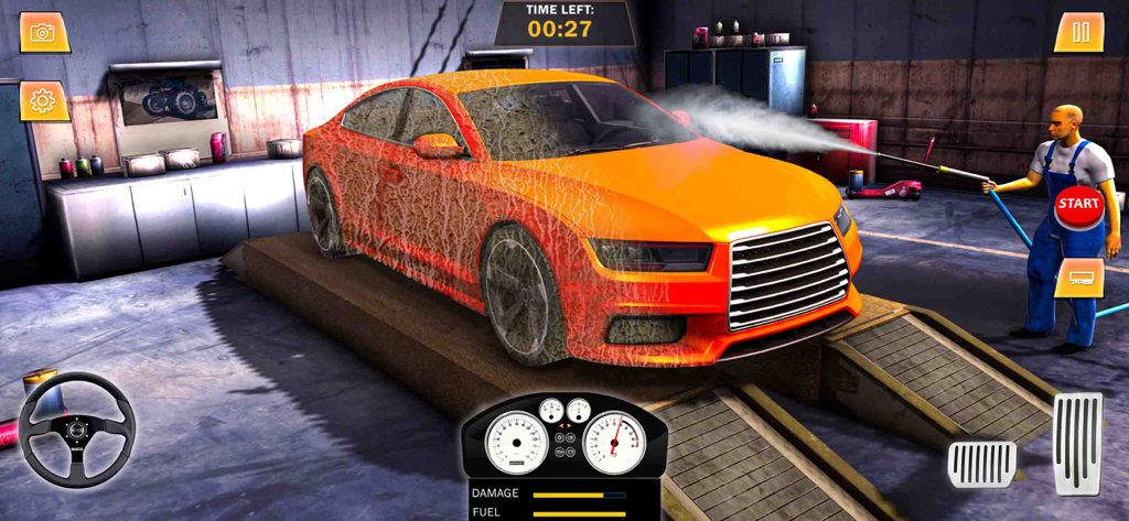 Gas Station Junkyard Sim Game - Un personaje lavando a presión un coche naranja sucio en un taller de garaje