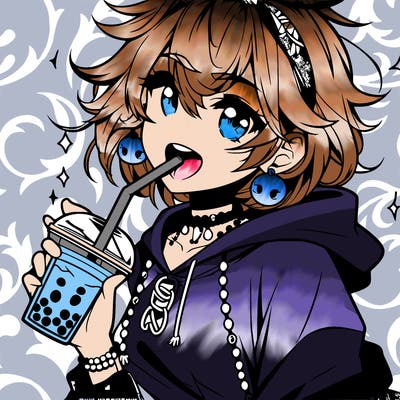 hot baddie anime girl drinking boba and biting the straw