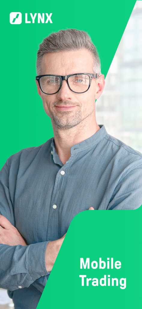 LYNX Trading - Ein professioneller Mann mit Brille, der die LYNX Trading App repräsentiert, mit dem Text Mobiles Trading