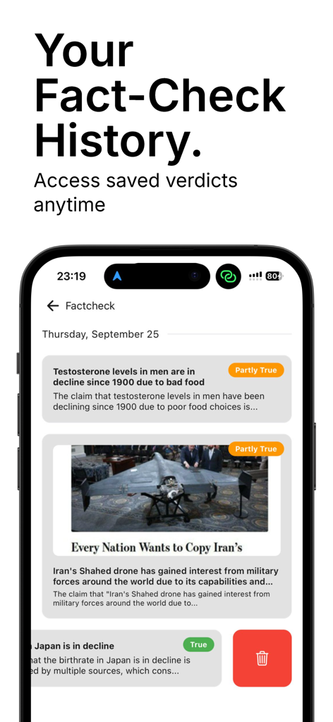 AI Fact Checker App - A mobile interface displaying a list of saved fact-check results with True and Partly True labels.