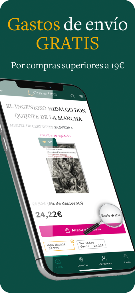 Casa del Libro - Casa del Libro mobile app showing a book details page for Don Quixote with a banner for free shipping on orders over 19 euros.