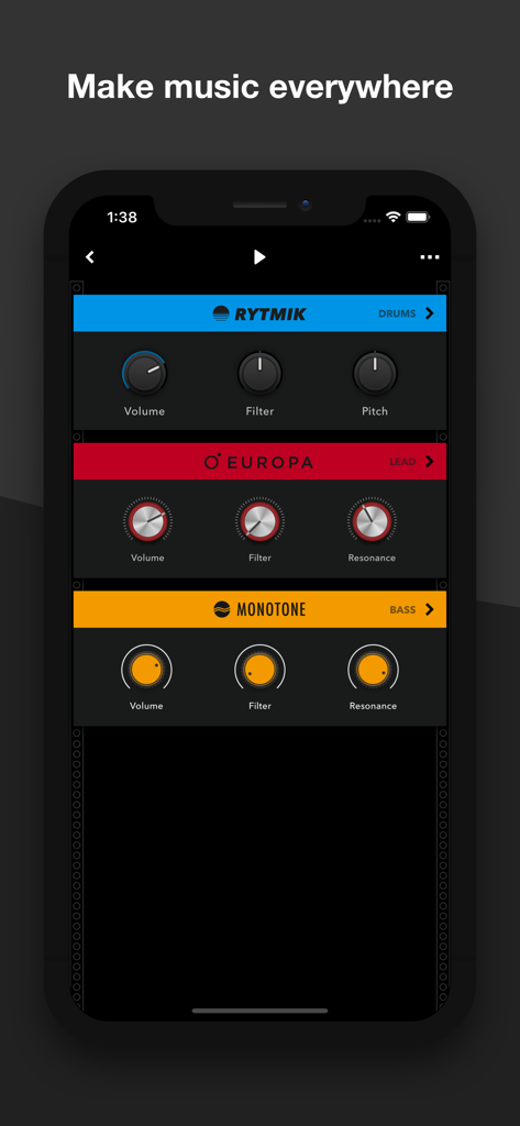 Reason Compact app interface showing Rytmik drums, Europa lead, and Monotone bass synthesizer controls