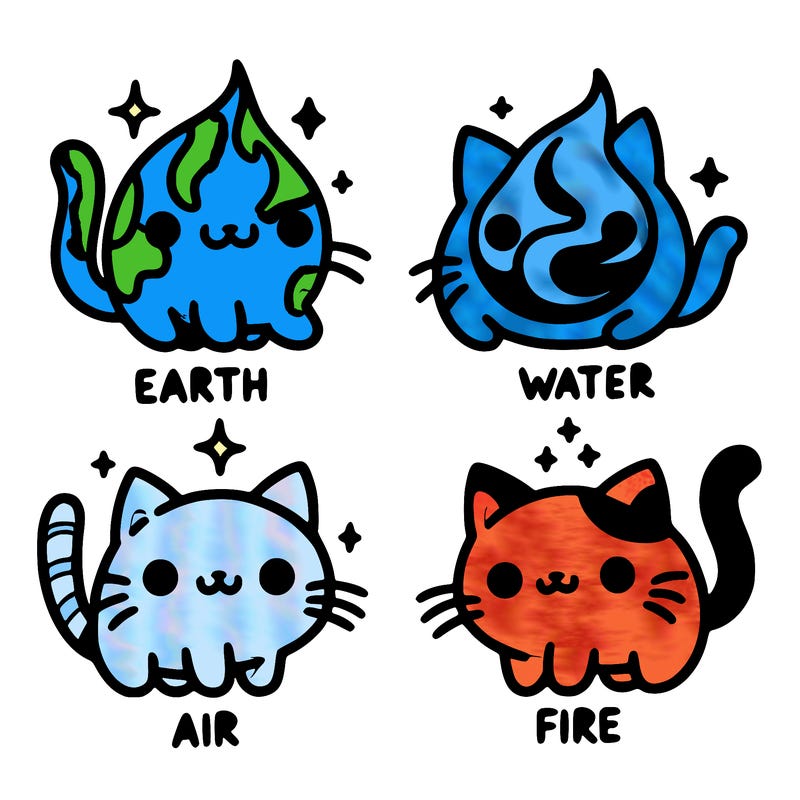 4 cats that represent the different elements, earth, water, air, and fire