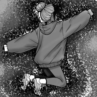 realistic girl jumping with a bun and oversized sweatshirt