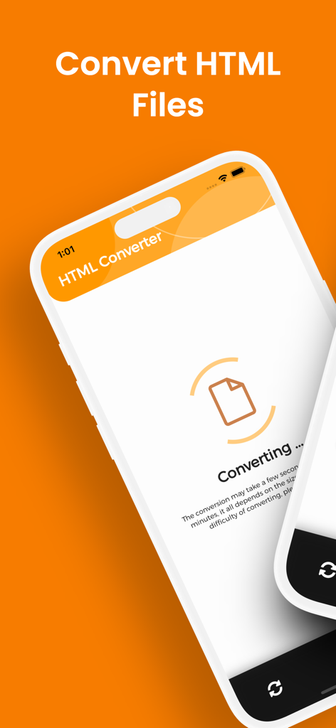 파일이 변환되는 동안 HTML 변환기 앱 인터페이스를 보여주는 스마트폰 화면.