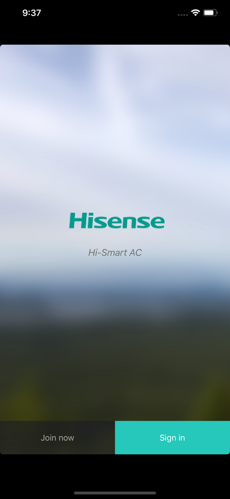 Welcome screen of the Hi-Smart AC app featuring the Hisense logo and buttons to sign in or join.