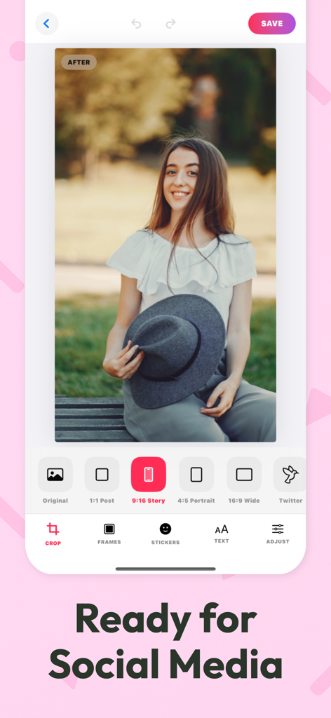 Sweet Selfie Camera - Editor - Sweet Selfie Camera app interface showing various social media aspect ratio cropping options