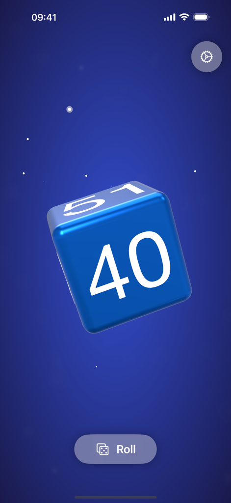 Rando for Random Numbers - A blue 3D die displaying the random number forty on a starry blue background