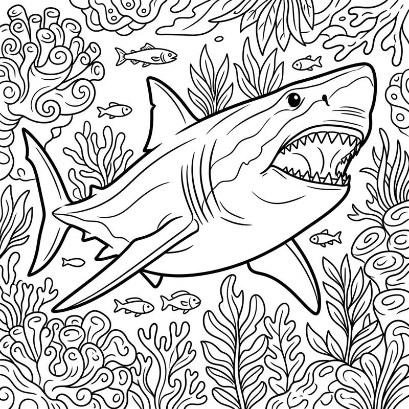 Embark on an exciting prehistoric adventure with our Megalodon coloring page designed especially for young explorers. This engaging scene features the mighty ancient shark amidst vibrant ocean life, ready for your creative touch.