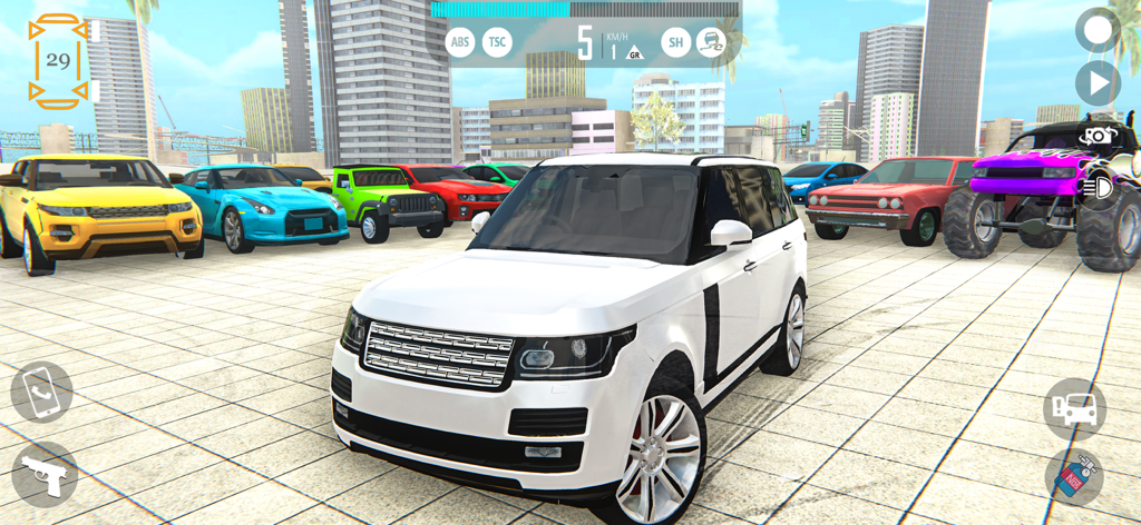 Indian Bike Driving Simulator - Un SUV blanco de lujo y varios coches deportivos coloridos en un entorno urbano dentro del juego Indian Bike Driving Simulator.