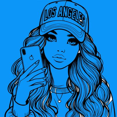 realistic beautiful girl wearing los ángeles cap holding an iphone