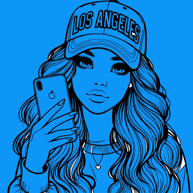 realistic beautiful girl wearing los ángeles cap holding an iphone