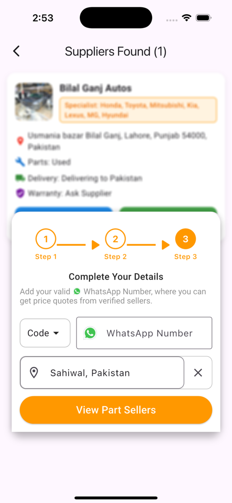 Formulário de registo na aplicação Partfinder pedindo detalhes de contacto e localização para ver vendedores de peças automóveis