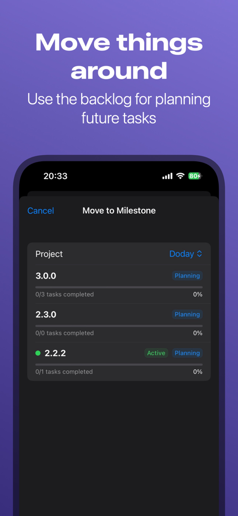 Project Planner: Milestones - 特定のプロジェクトマイルストーンにタスクを移動するためのモバイルインターフェース。