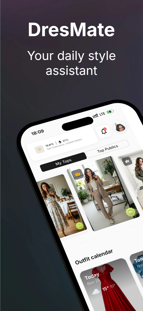 Interface do aplicativo DresMate apresentando um guarda-roupa digital e um calendário de looks diários para estilismo de moda