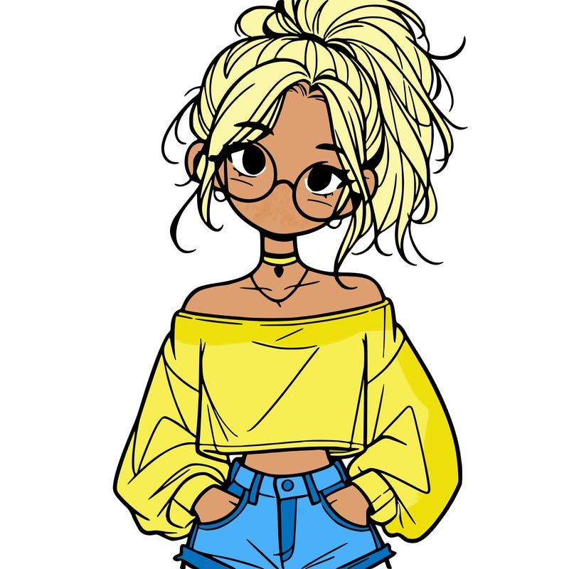 girl with a messy ponytail glasses a baggy crop top and jean shorts