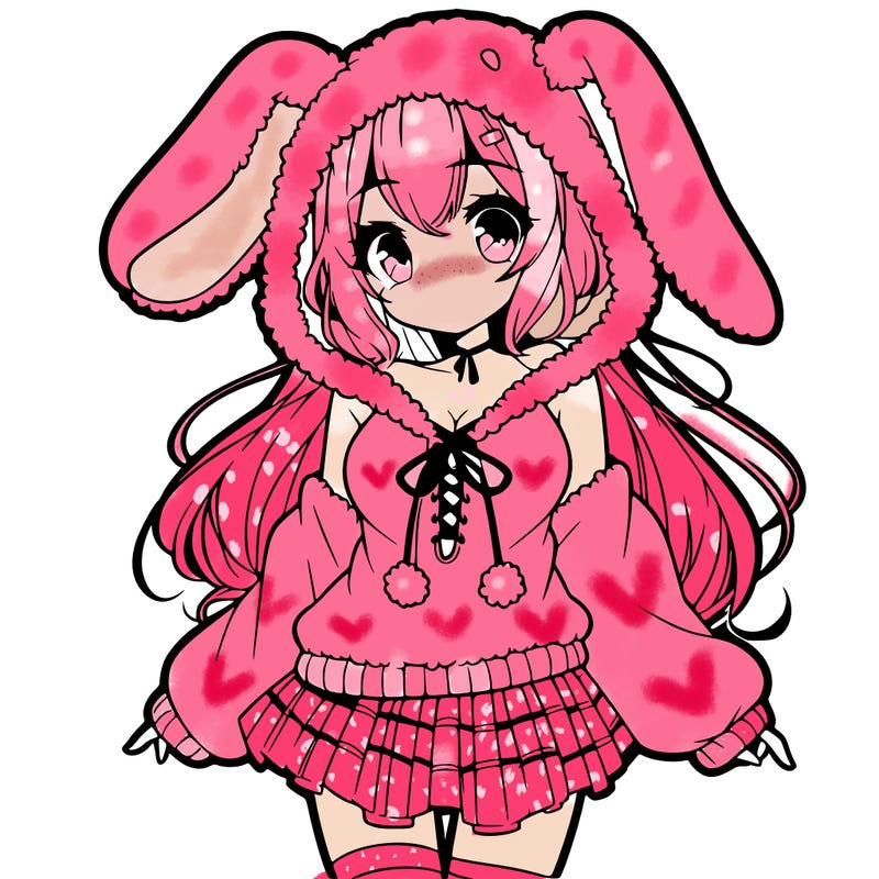 pretty anime girl wearing a fluffy hoodie with bunny ears on the hood and a skirt