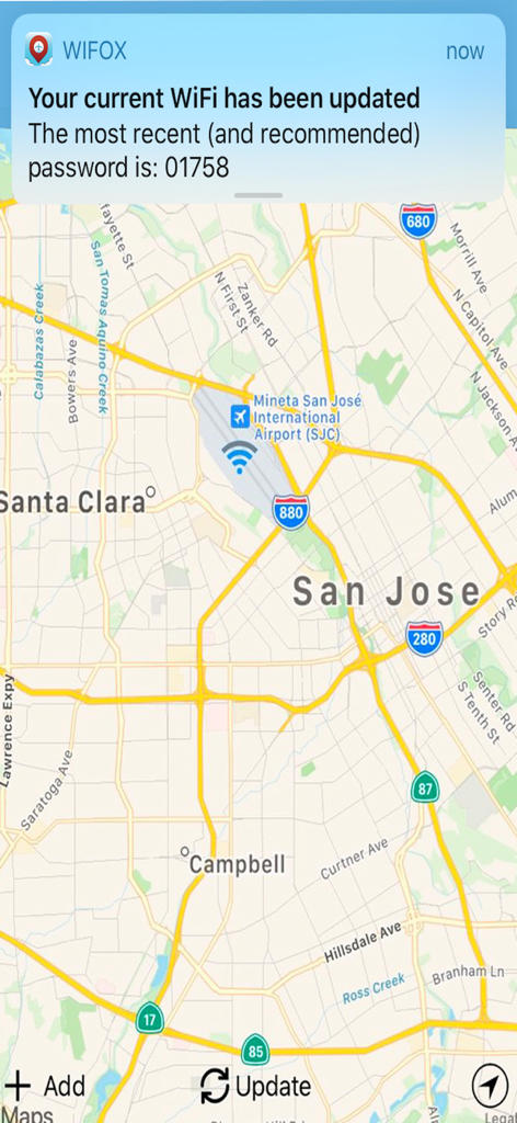 WiFox - WiFox app map view showing a notification with an airport wifi password