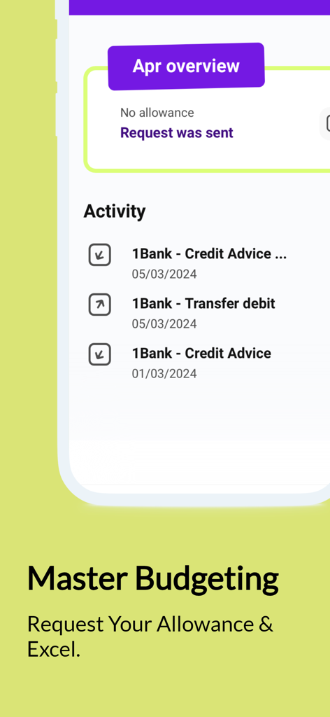 Joey: Teen Banking - Interfaccia dell'app di banking per adolescenti Joey che mostra lo stato di una richiesta di paghetta e un elenco delle recenti attività bancarie.