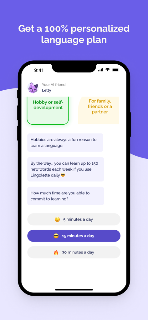 Lingolette app interface showing a chat with AI tutor Letty to create a personalized language learning plan.