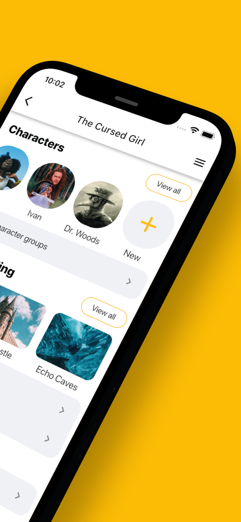 Fortelling - Writer Tools - Fortelling app interface displaying character profiles and location settings for story planning