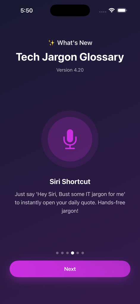 Pantalla de la aplicación Glosario de Jerga Tecnológica que muestra la integración de atajos de Siri y la función de comando de voz.