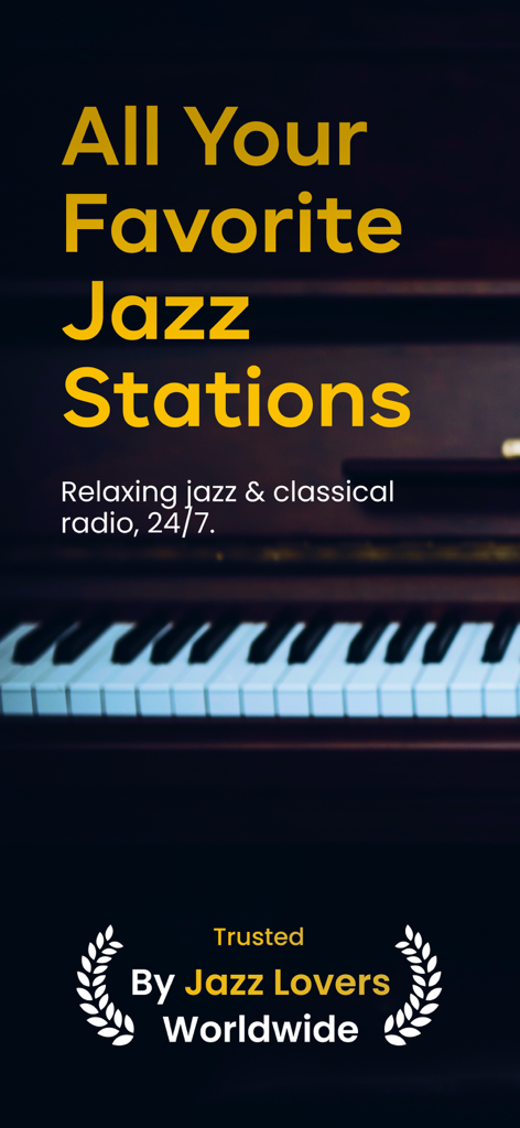 Easy Jazz Network - Easy Jazz Network app screen with a piano background and the title All Your Favorite Jazz Stations.