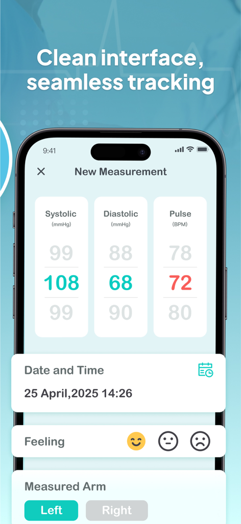A mobile app screen for recording blood pressure, heart rate, date, and user mood with a clean interface.