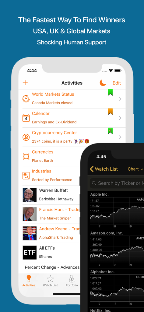 Stocks Live app dashboard displaying market activities and a watchlist with real time stock charts